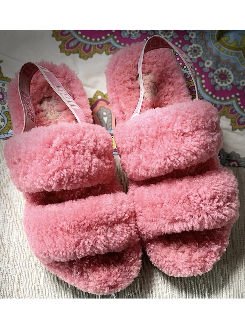 UGG Oh Fluffita Pink Rose Curly Sheepskin Platform Slingback Slide Sandals 10/11